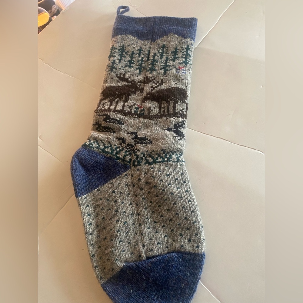 Wool stocking Moose/ducks  outdoors scene Blue/Gray P”sock hunting Christmas EUC